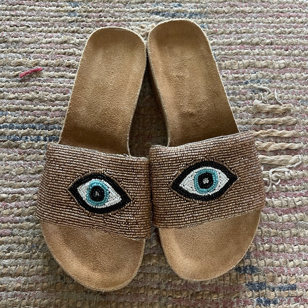 New with tags Italian cork beaded evil eye slide sandals
